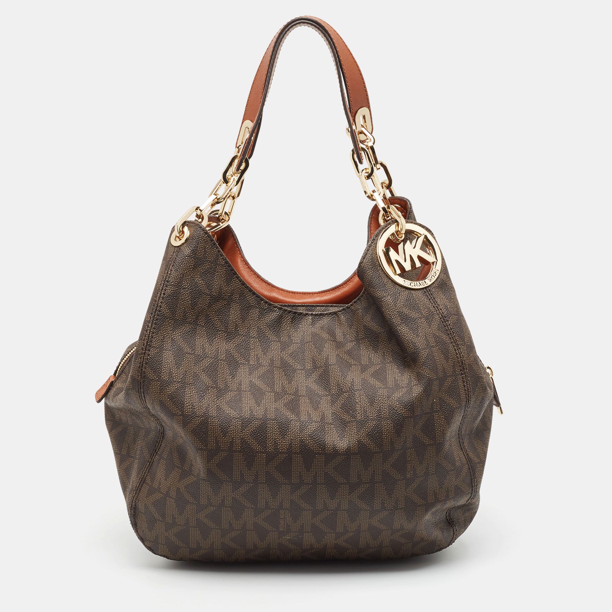 Pre-owned Michael Michael Kors Michael Kors Dark Brown Signature Coated Canvas And Leather Fulton Hobo