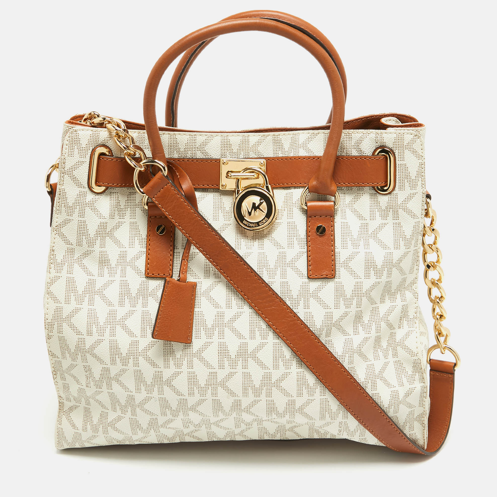Pre-owned Michael Michael Kors Brown/white Signature Coated Canvas Large Hamilton North South Tote