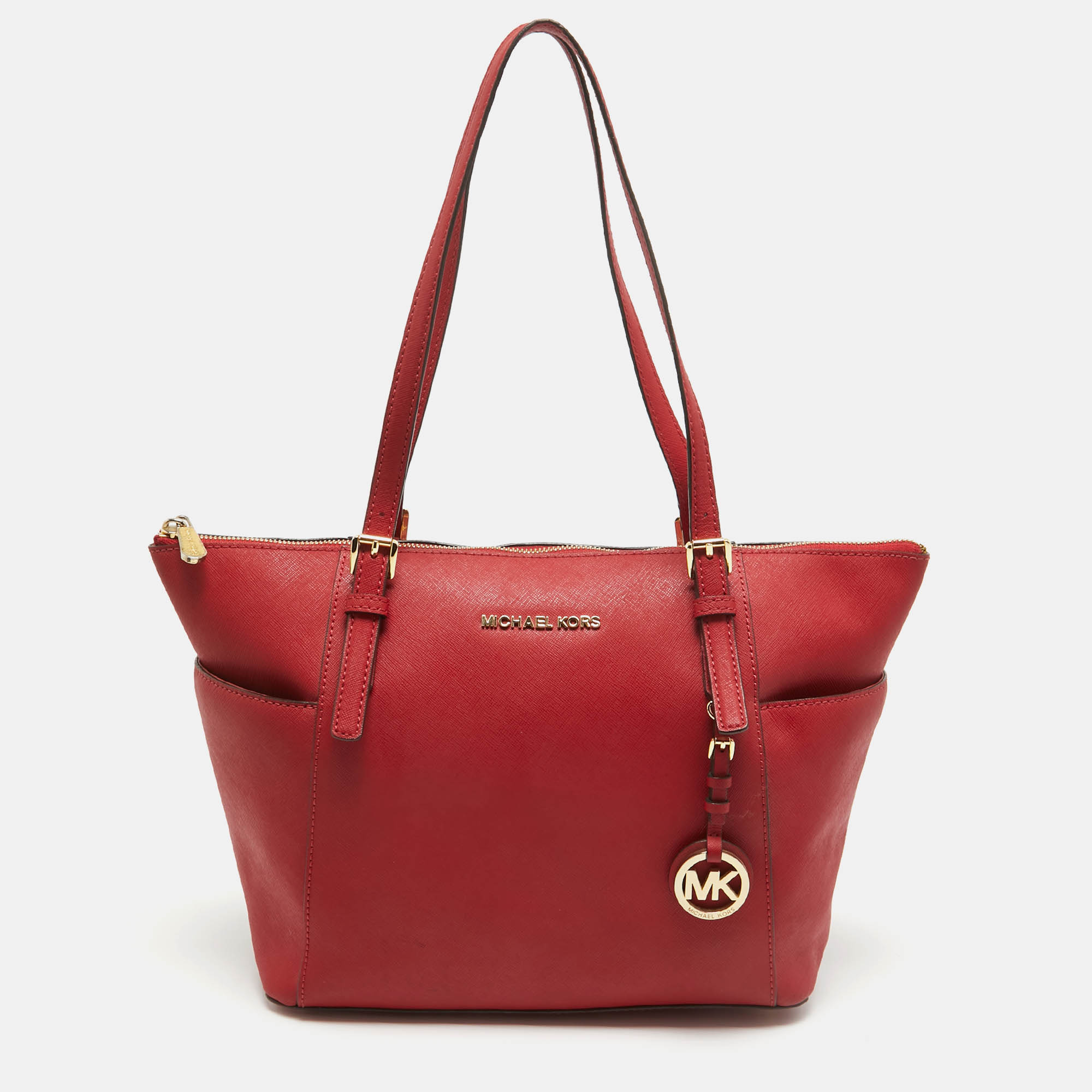 Pre-owned Michael Michael Kors Red Saffiano Leather Jet Set Top Zip Tote