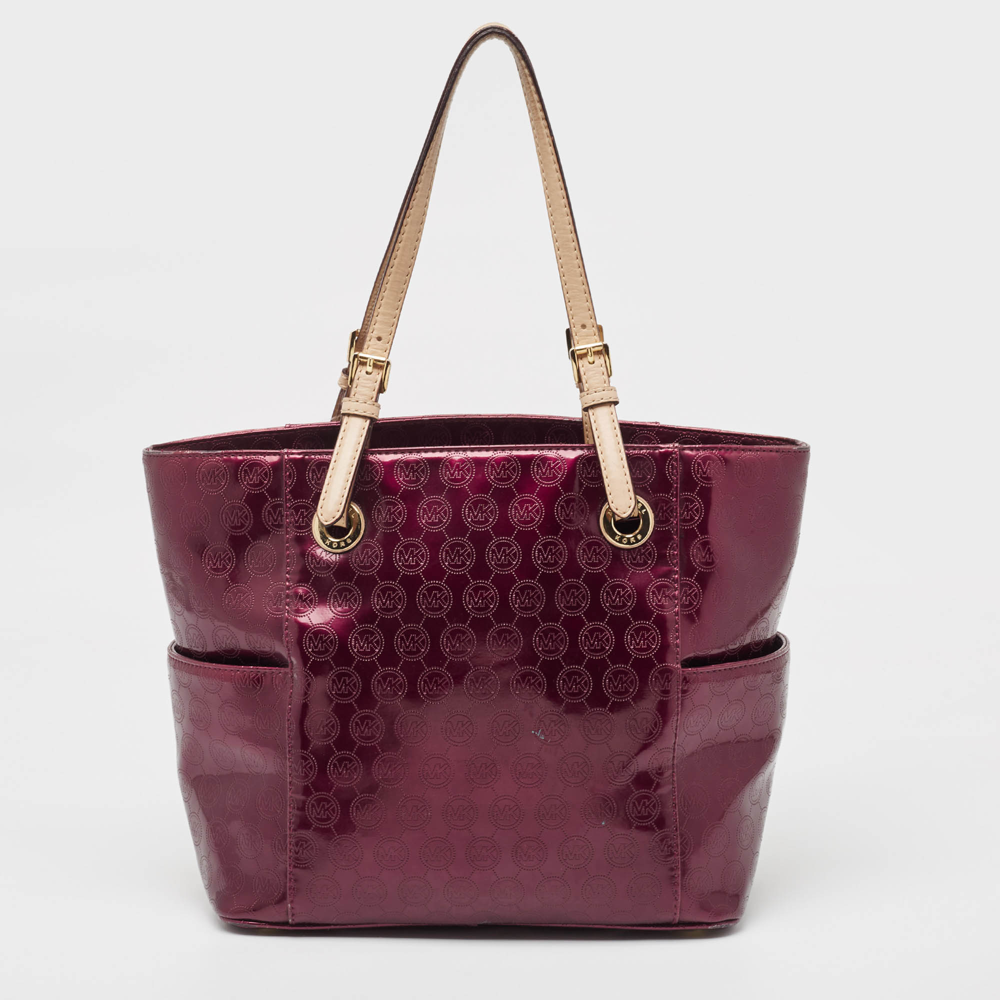 

MICHAEL Michael Kors Burgundy Signature Patent and Leather Middle Zip Tote