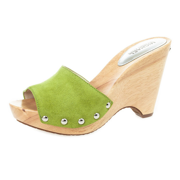 Pre Owned MICHAEL Michael Kors Green Suede Easton Mules Size 38.5