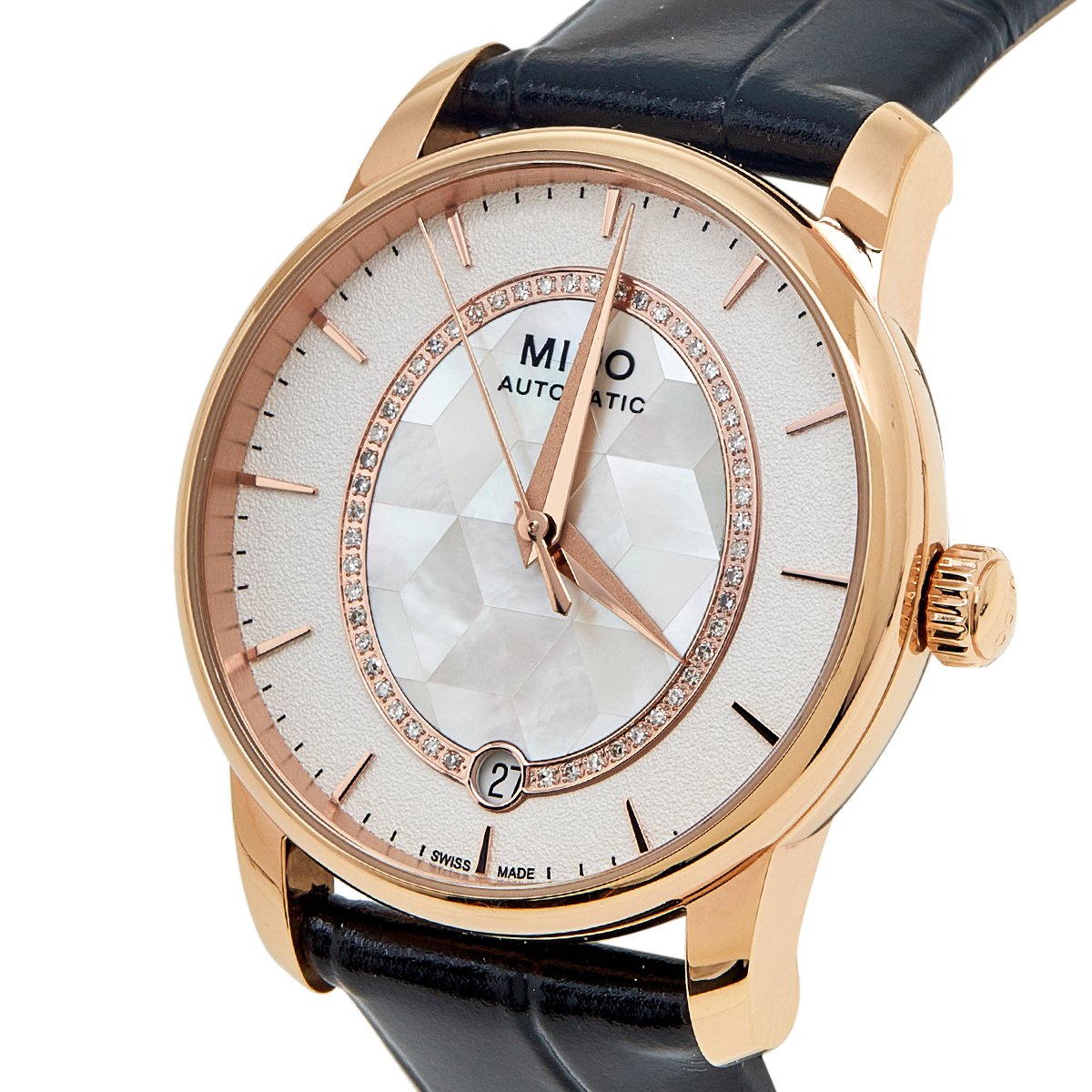 

Mido Mother Of Pearl Rose Gold Plated Stainless Steel Leather Baroncelli Prisma M007.207.36.116.00 Women's Wristwatch, Black