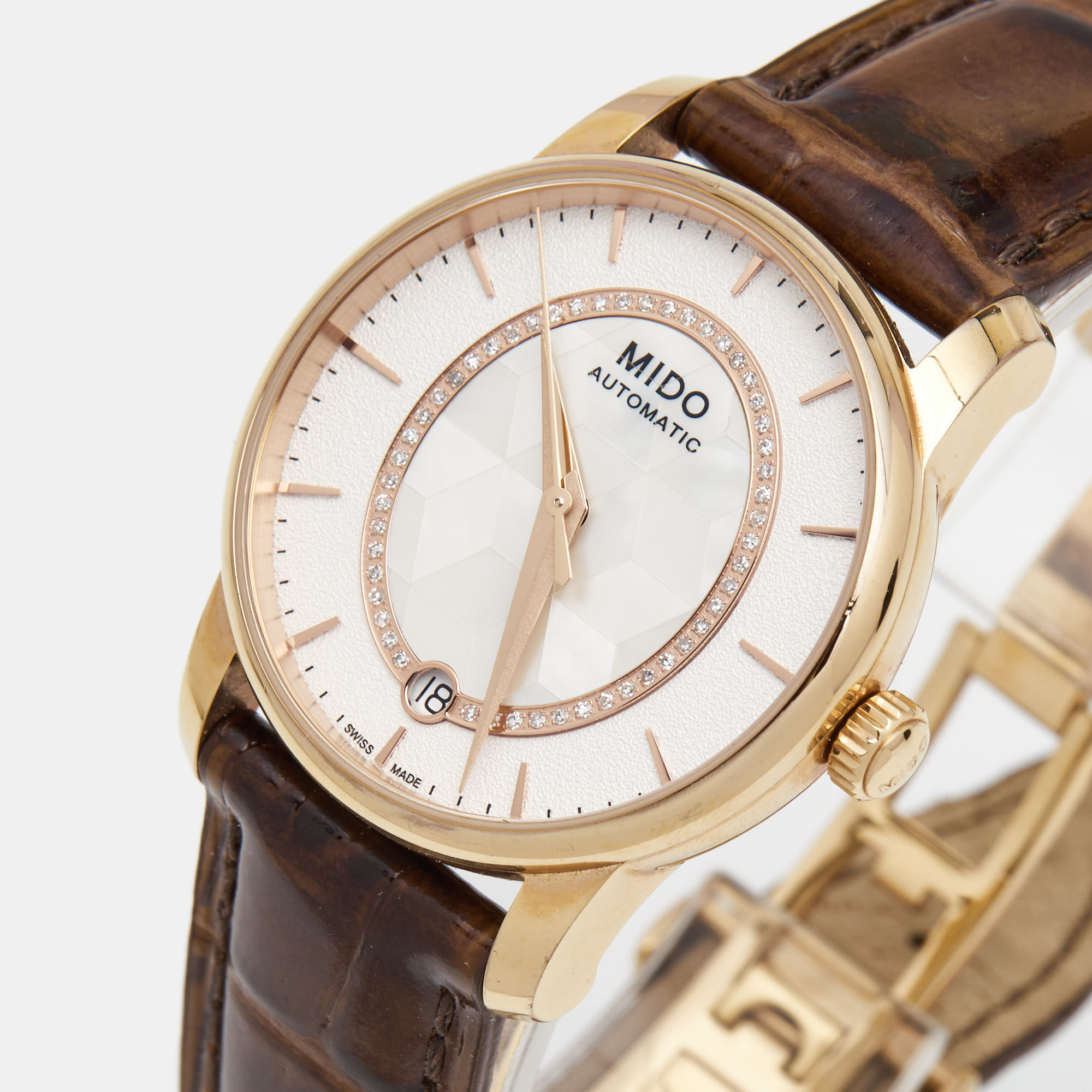 

Mido Mother Of Pearl Rose Gold Plated Stainless Steel Leather Baroncelli Prisma M007.207.36.116.00 Women's Wristwatch, Yellow