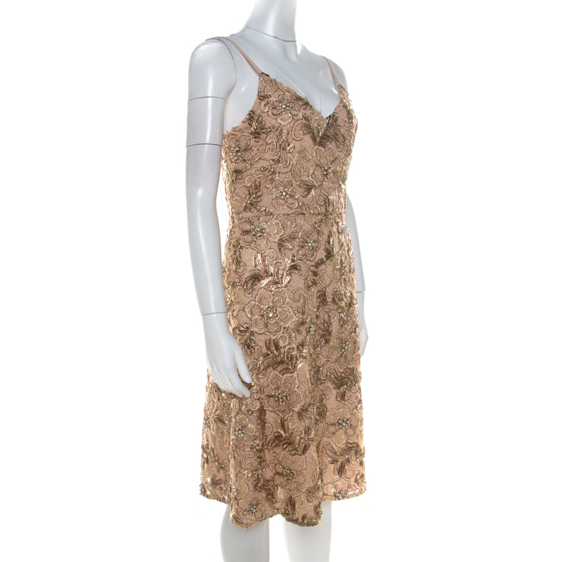 Pre-owned Mikael Aghal Gold Embellished Lace Cocktail Dress S
