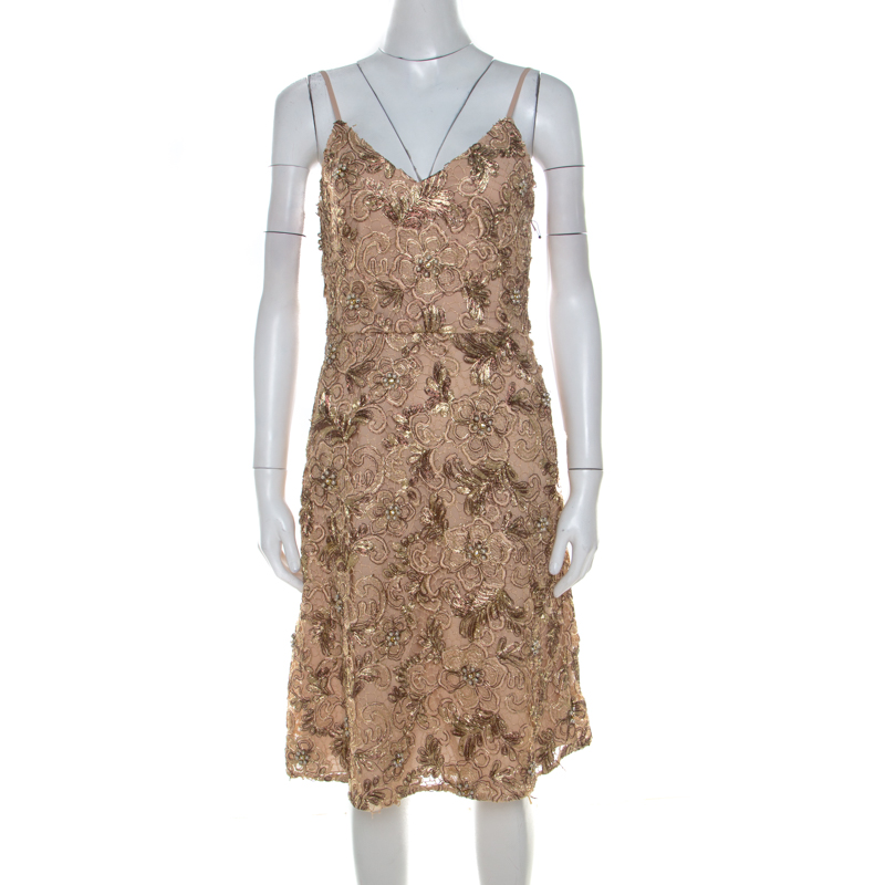 Mikael Aghal Gold Embellished Lace Cocktail Dress S Mikael Aghal | TLC