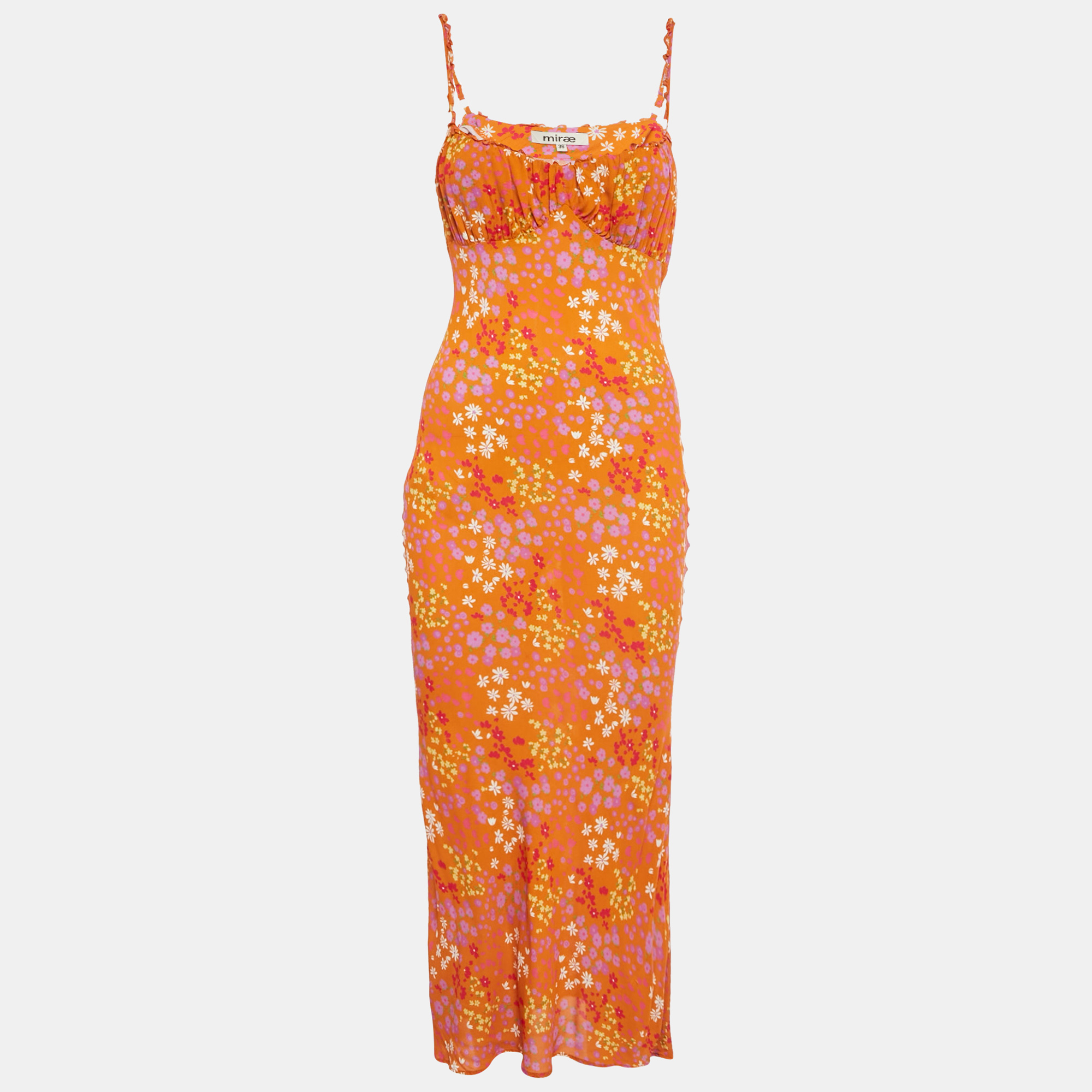 

Mirae Orange Floral Print Crepe Florae Midi Dress S