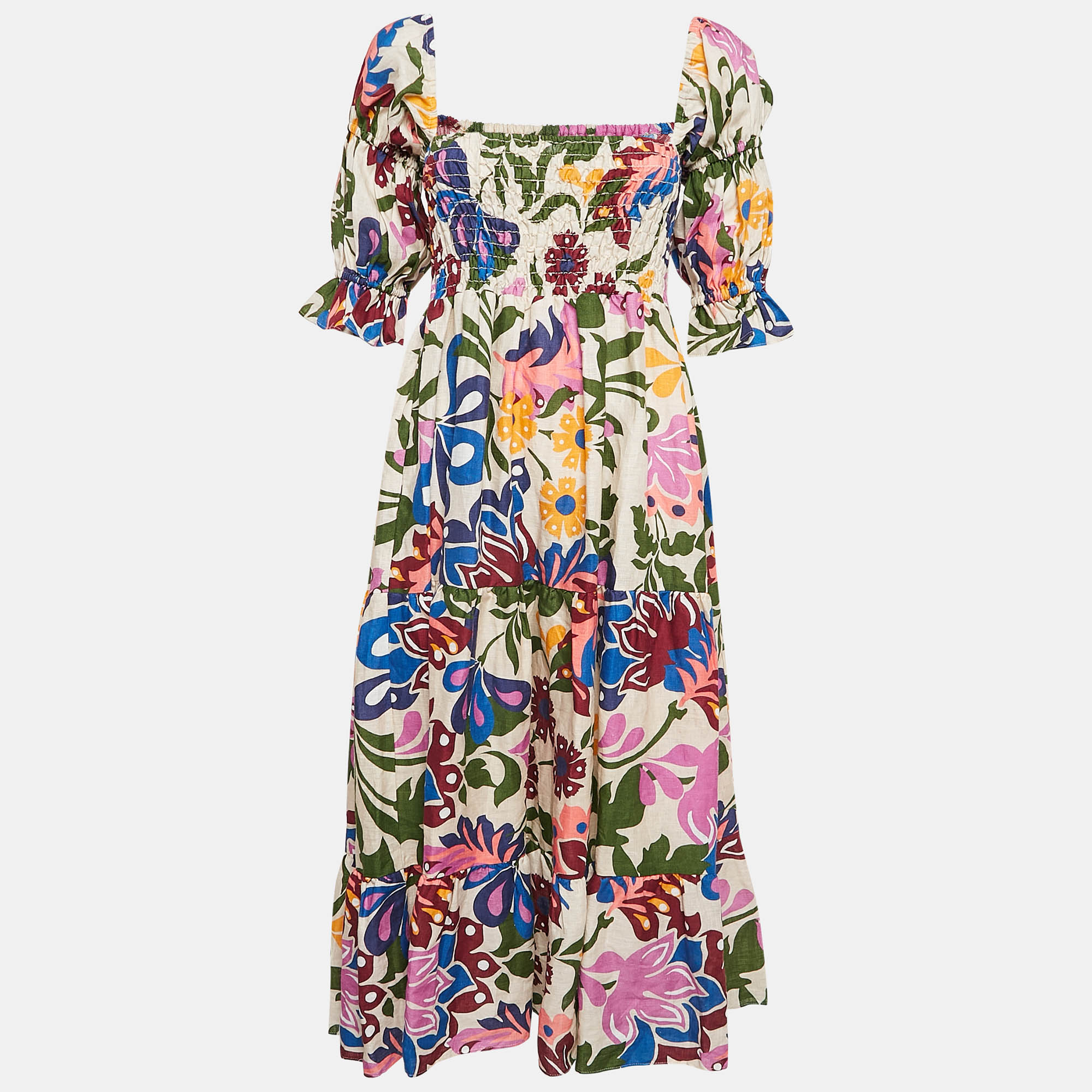 

Misa Los Angeles Multicolored Floral Print Linen Tiered Yolanda Midi Dress S, Multicolor