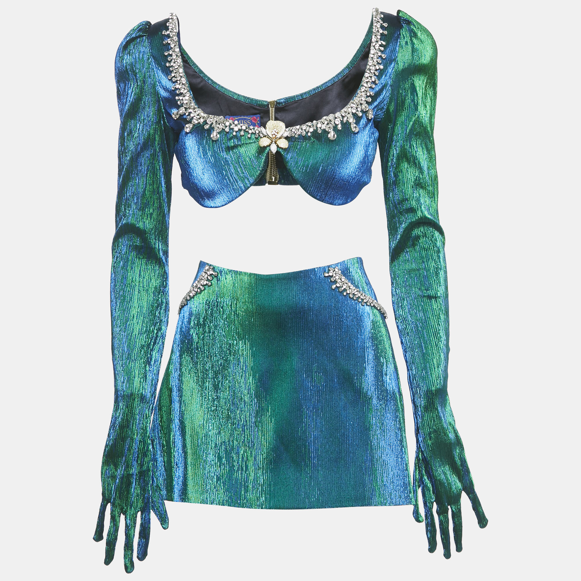

Miss Sohee Peacock Green Lurex Vanguard Ariana Crop Top and Skirt Set M, Blue
