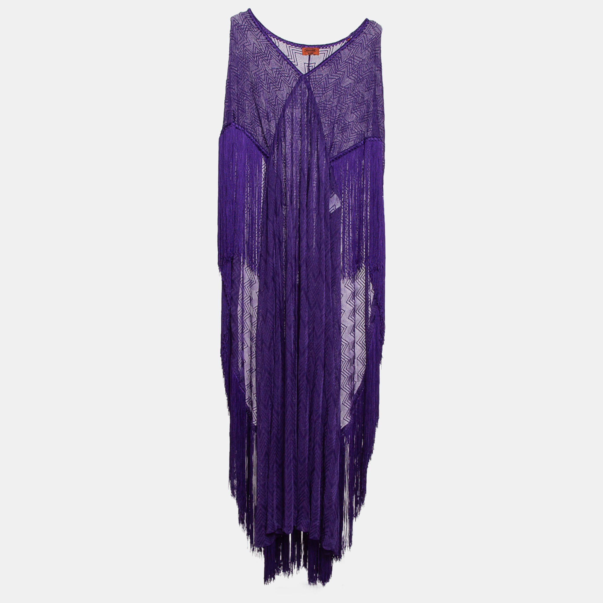 

Missoni Mare Purple Chevron Pattern Knit Fringed Maxi Cover Up Dress M