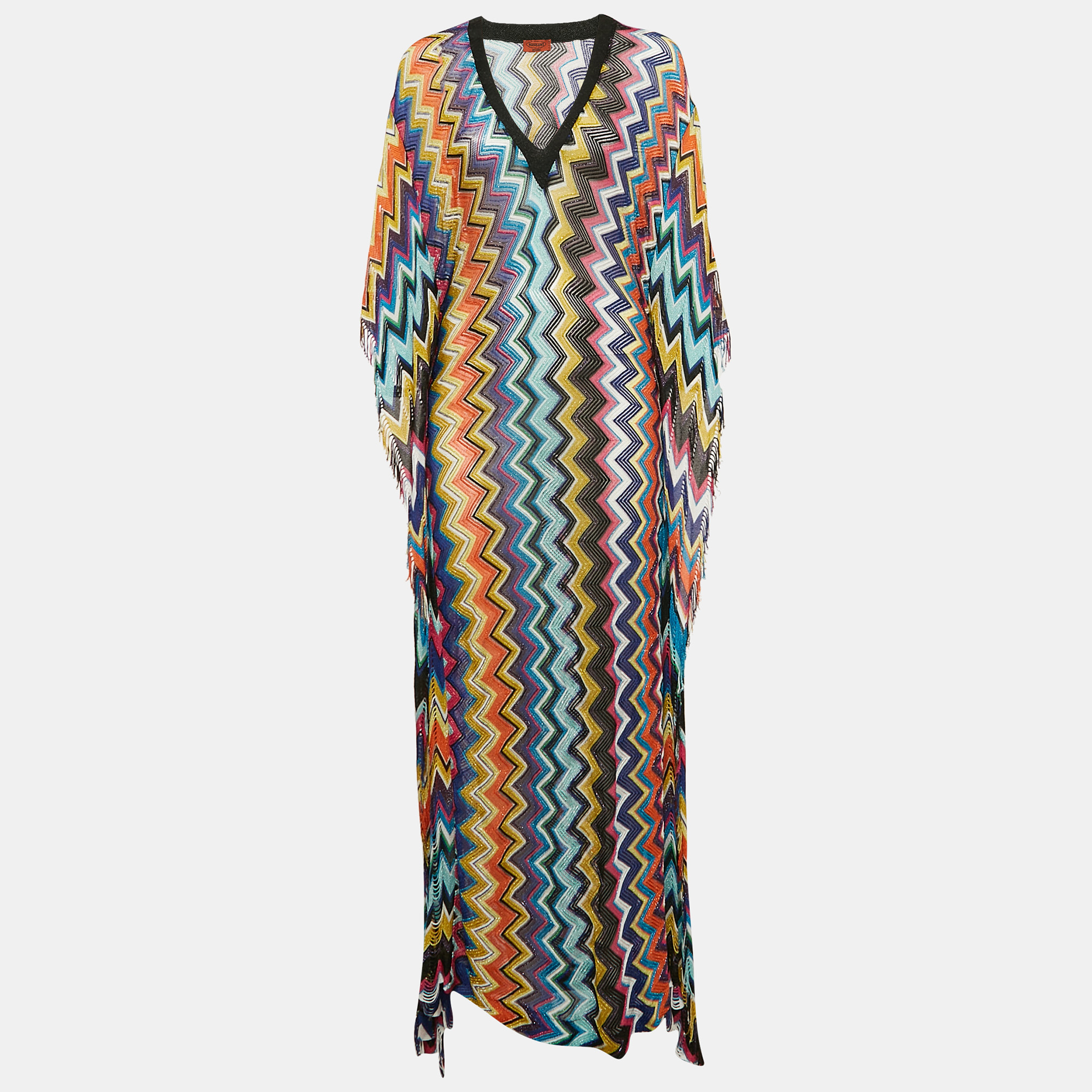 

Missoni Mare Multicolor Chevron Lurex Knit Fringed Cover-Up Kaftan Maxi Dress M