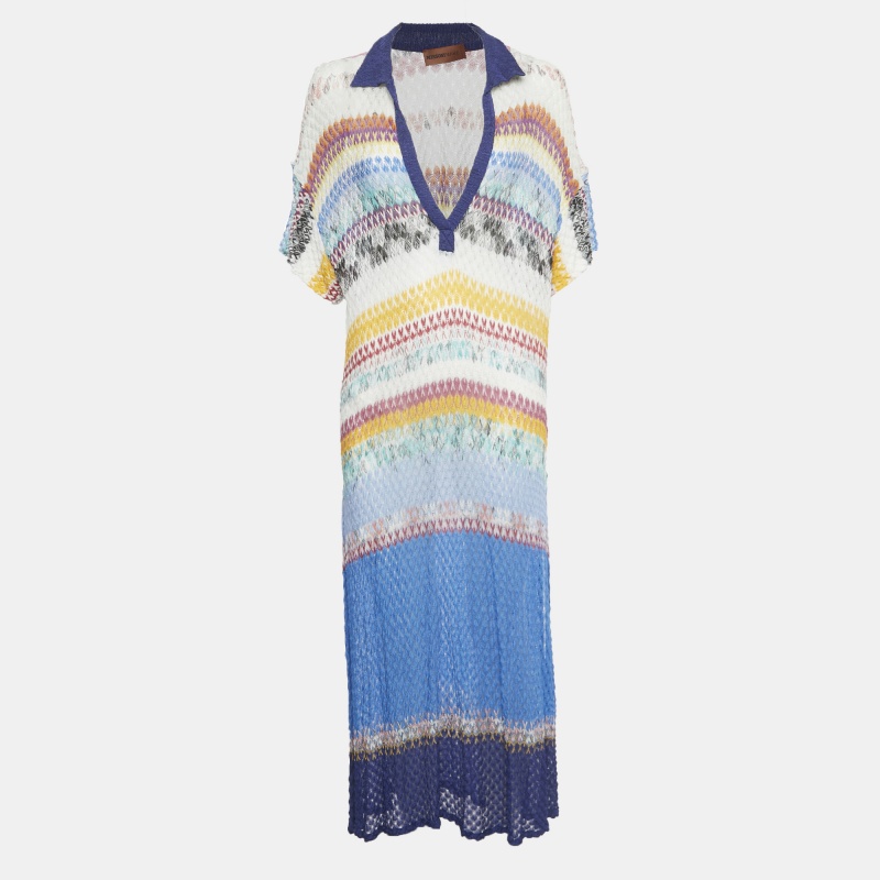 

Missoni Mare Multicolor Patterned Knit Sheer Slit Detail Long Dress S