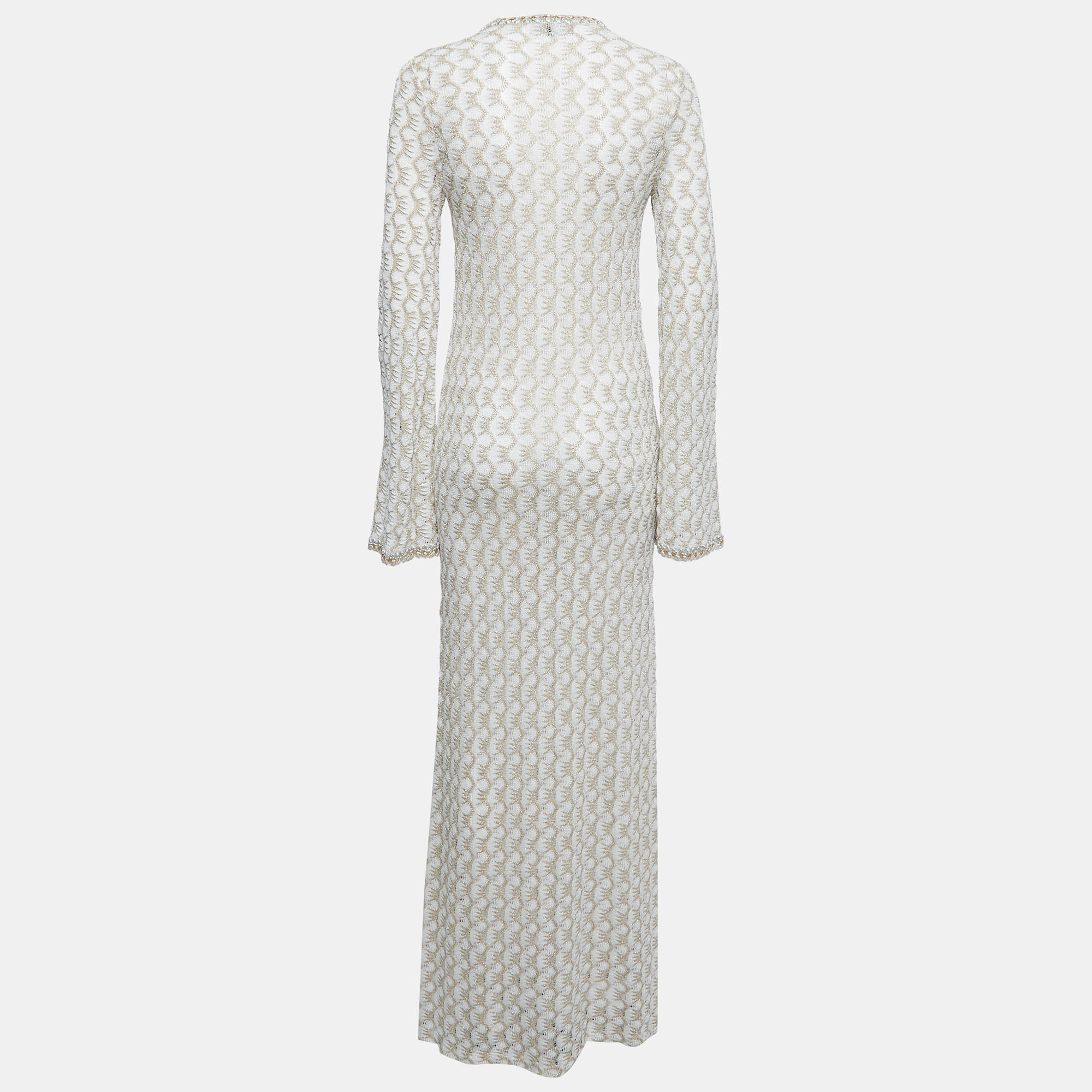 

Missoni Mare White Lurex Knit Front Tie Long Sleeve Slit Maxi Dress