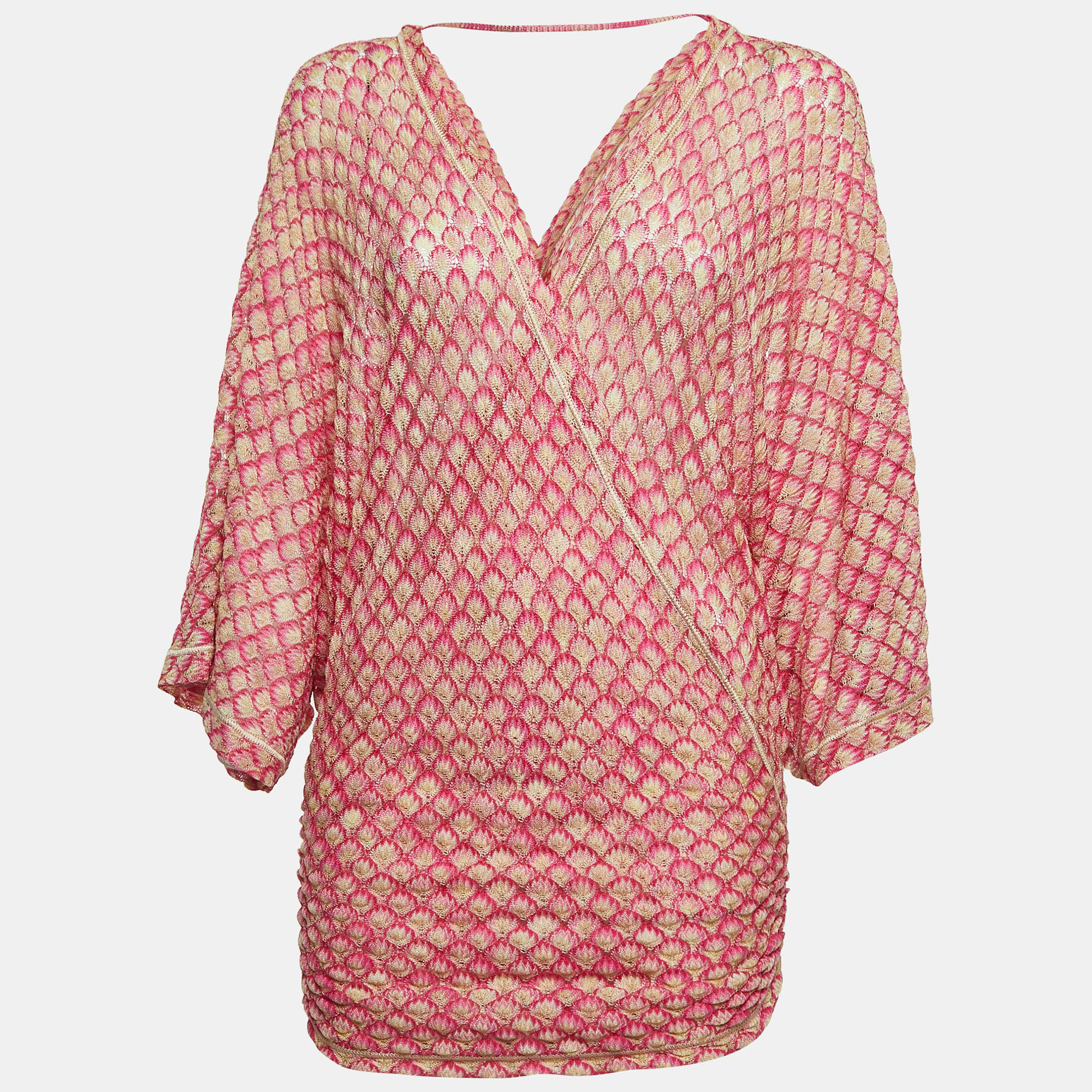 Pre-owned Missoni Pink Patterned Knit Ruch Detailed Kimono Sleeve Top S
