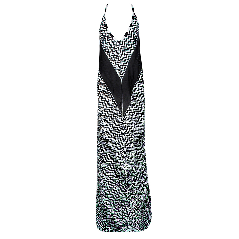 Pre Owned Missoni Monochrome Knit Chevron and Snake Patch Pattern Sleeveless Maxi Dress XL