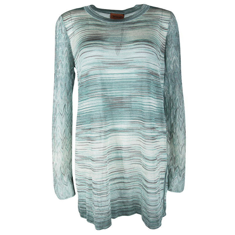 Missoni Blue Stiped Lurex Knit Perforated Long Sleeve Top L