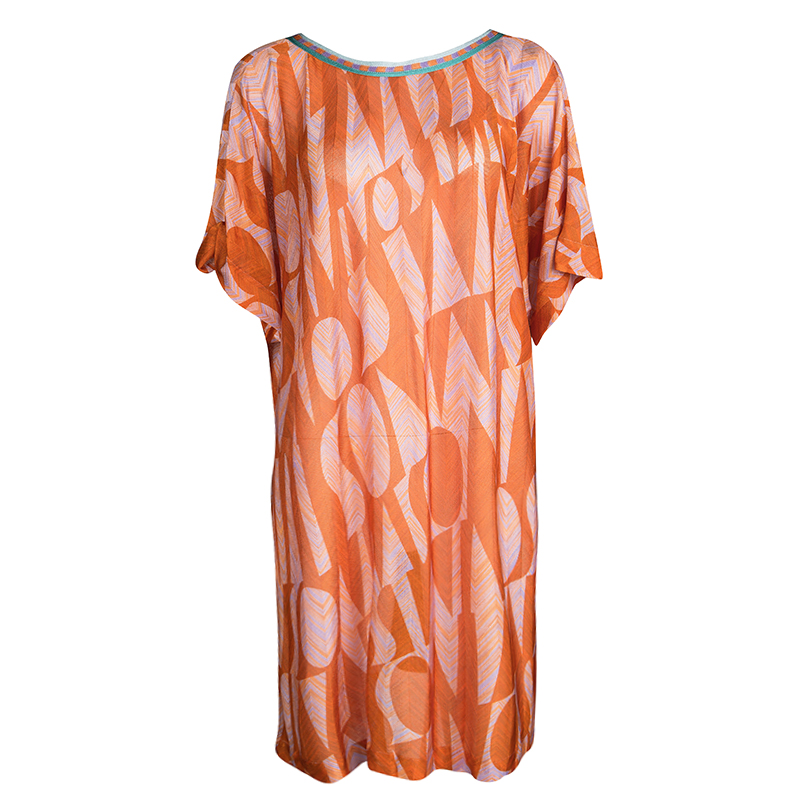 Pre Owned Missoni Mare Orange Patterned Knit Contrast Neck Detail Tunic M