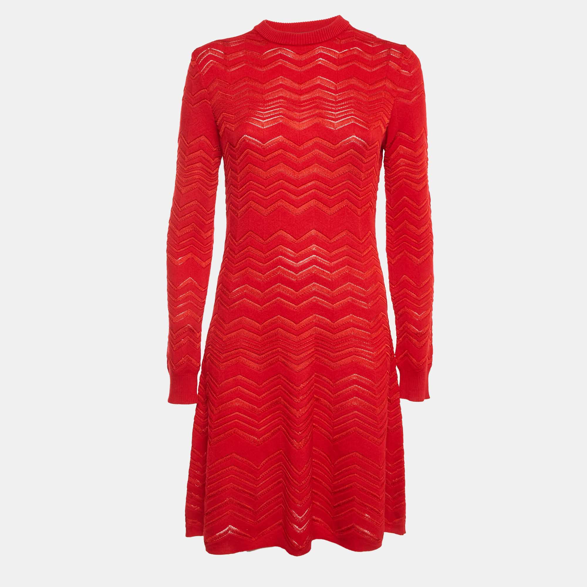 Pre-owned Missoni Red Zig Zag Knit Flared Short Dress M