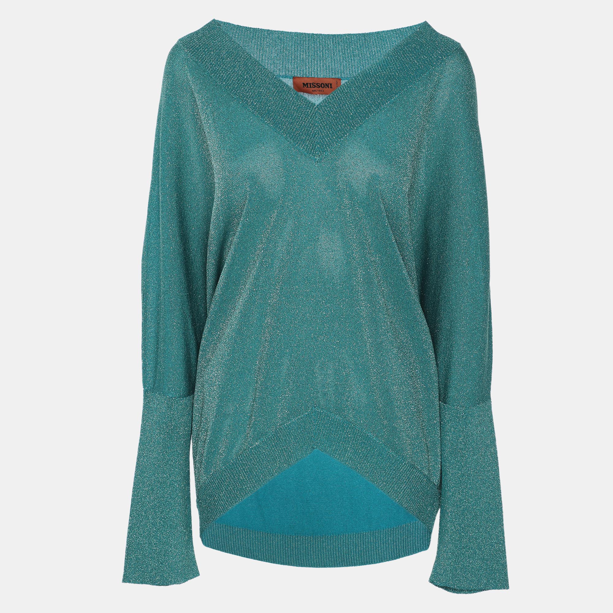 

Missoni Metallic Lurex Knit Long Sleeve V Neck Tops M, Green