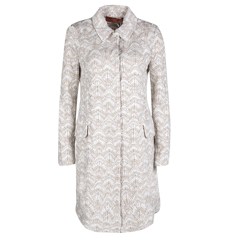 Pre Owned Missoni Beige and White Textured Lurex Knit Detail Long Coat S