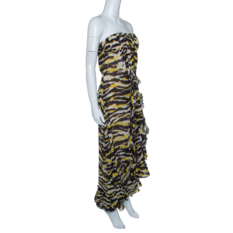 

Missoni Multicolor Tiger Print Ruffled Silk Strapless Tansy Dress