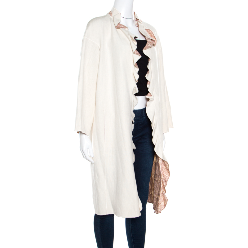 

Missoni Off White Silk and Linen Blend Ruffle Detail Contrast Lined Long Coat, Cream