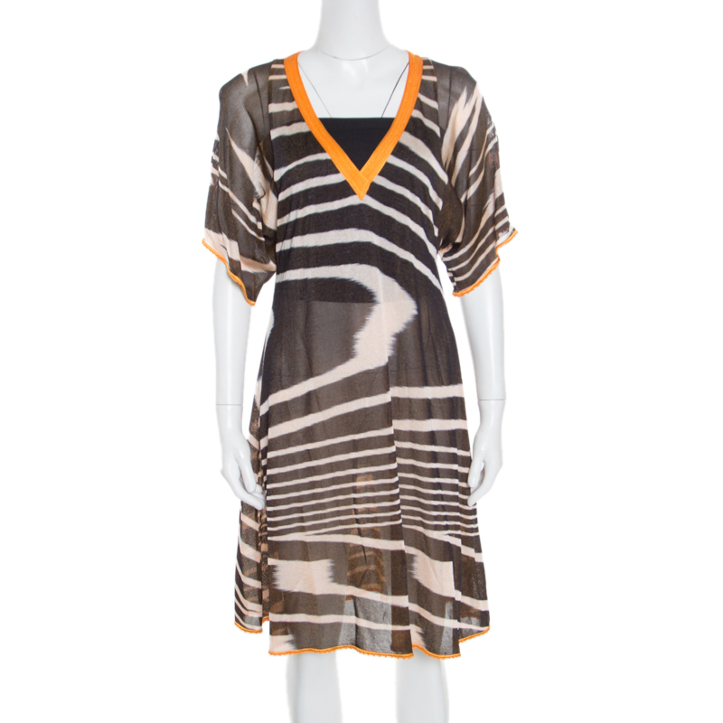 Pre Owned Missoni Mare Yellow and Brown Striped Knit V Neck Dress L