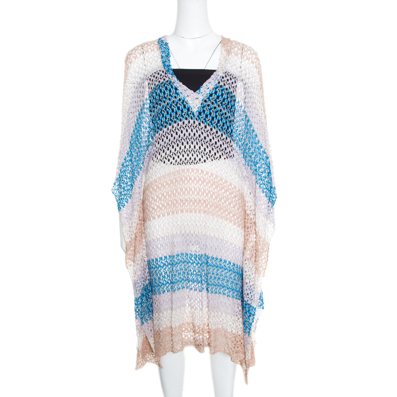 Pre Owned Missoni Mare Perforated Striped Knit V-Neck Kaftan Tunic L