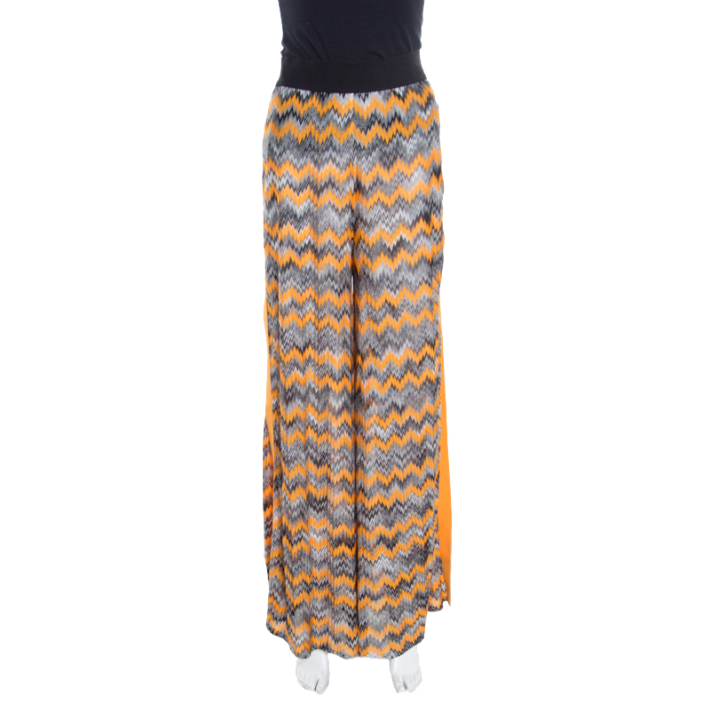 Pre Owned Missoni Knit Yellow and Black Chevron Knit Wide Leg Cover Up Pants L