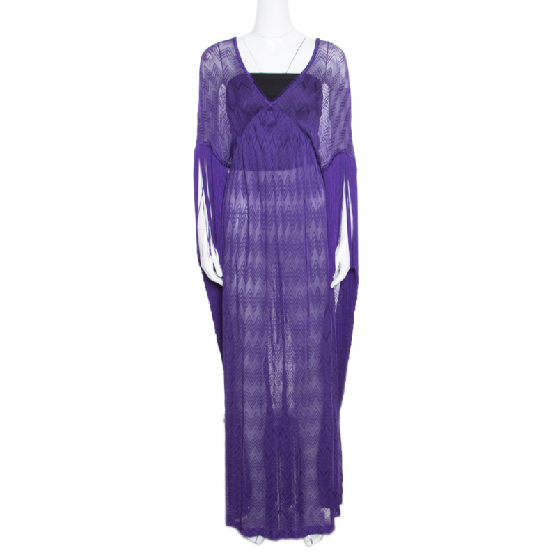 Pre Owned Missoni Mare Deep Purple Chevron Patterned Knit Fringed Maxi Cover Up Dress L
