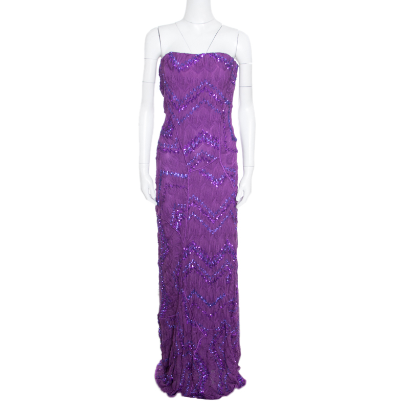 Pre Owned Missoni Purple Crochet Knit Sequin Embellished Strapless Heloise Evening Gown L