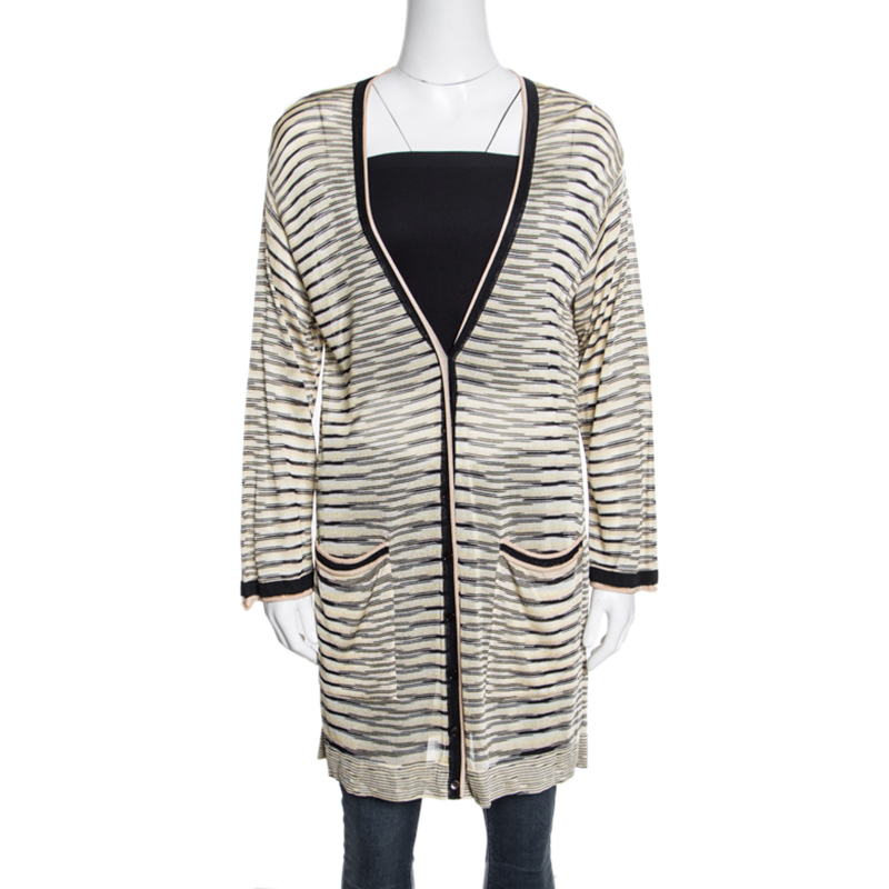 Pre Owned Missoni Yellow and Black Striped Knit Button Front Mabel Cardigan M