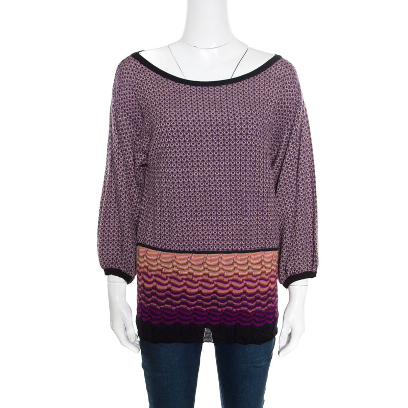 Pre Owned Misssoni Multicolor Geometric Patterned Jacquard Wool Knit Genziana Top M