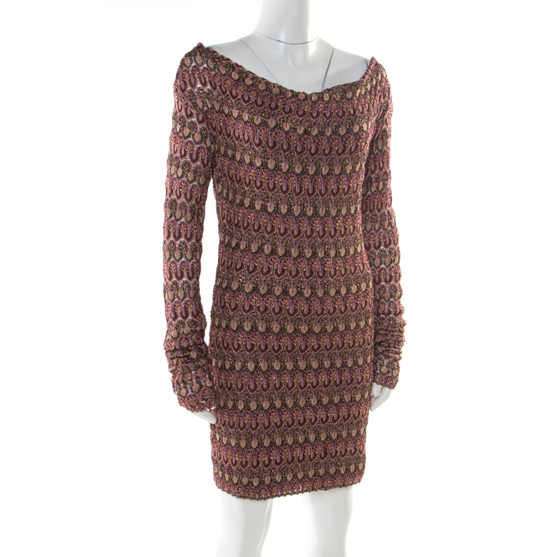 

Missoni Burgundy Flame Patterned Knit Off Shoulder Knit Dress