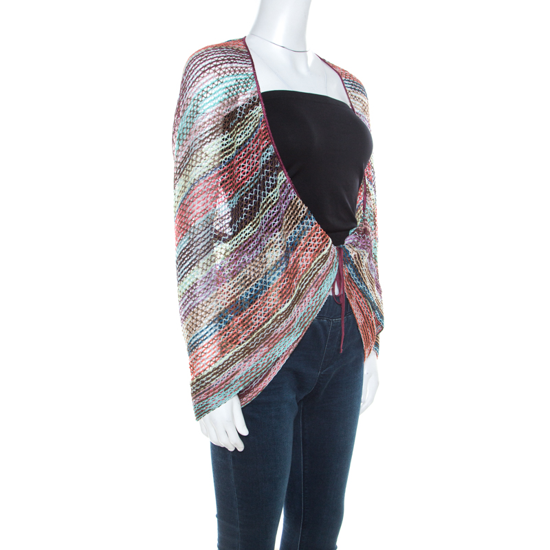 

Missoni Multicolor Open Stripe Knit Draped Open Front Cardigan