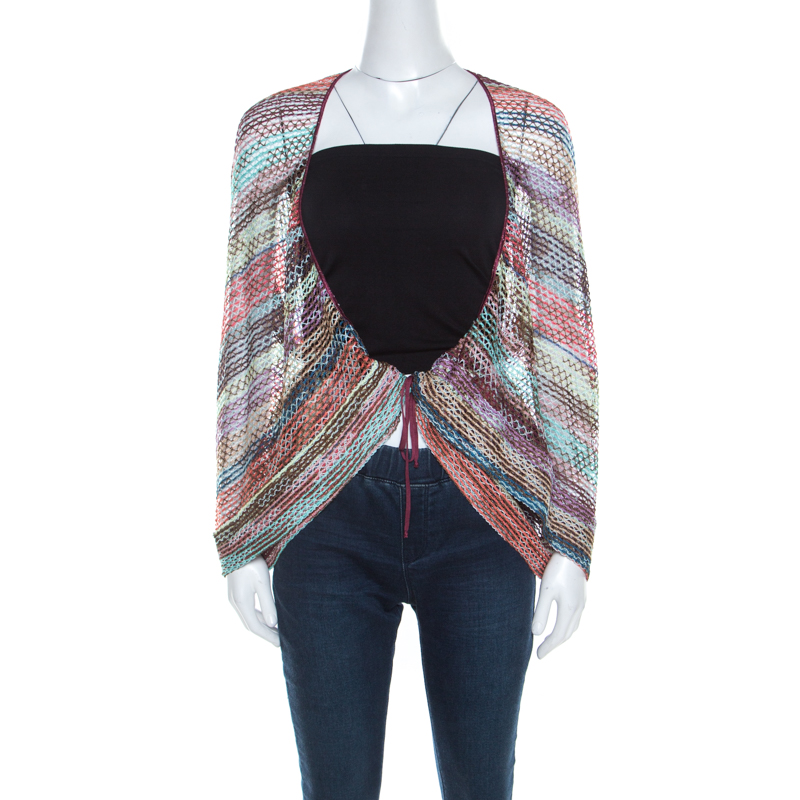 Pre Owned Missoni Multicolor Open Stripe Knit Draped Open Front Cardigan M