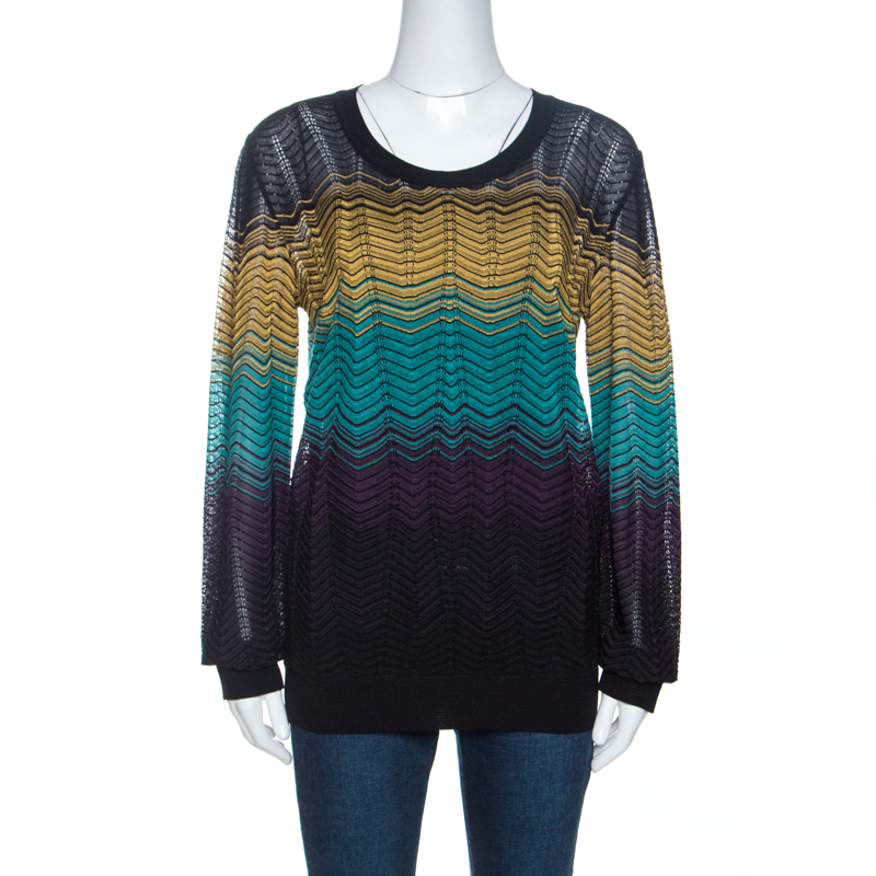 Pre Owned M Missoni Multicolor Chevron Patterned Pointelle Knit Top L