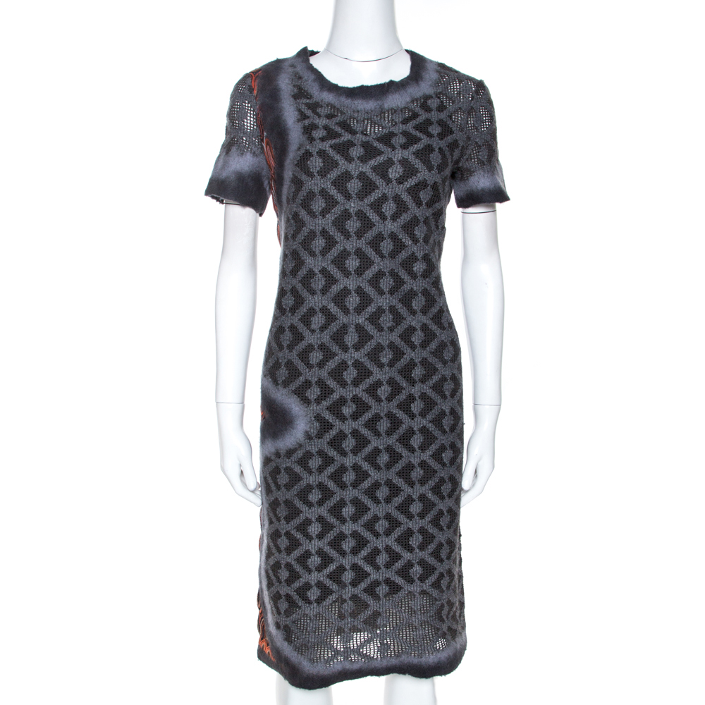 Pre-owned Missoni Grey Abstract Patterned Eyelet Knit Shift Dress S