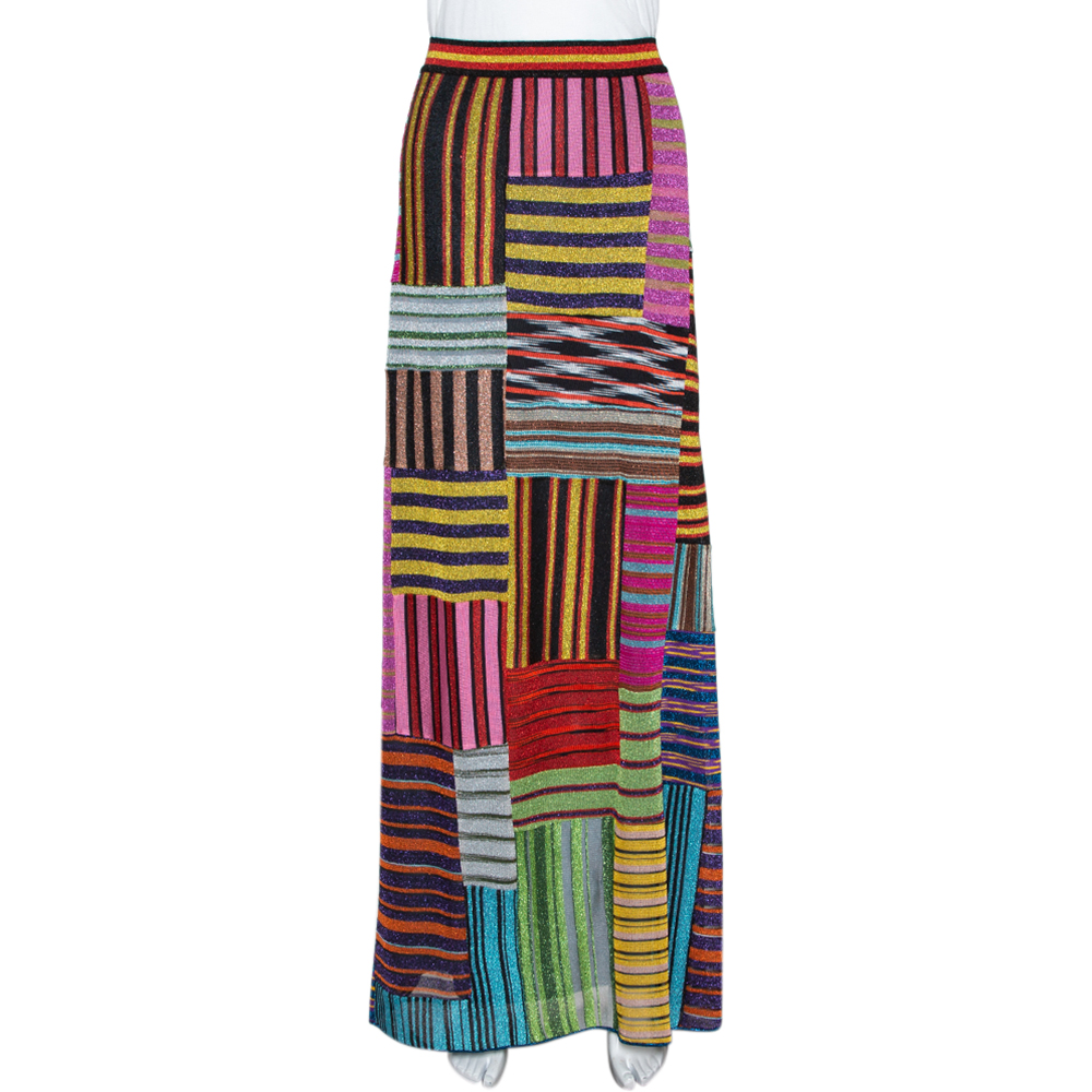 Pre Owned Missoni Multicolor Lurex Knit Patchwork Striped Maxi Skirt L