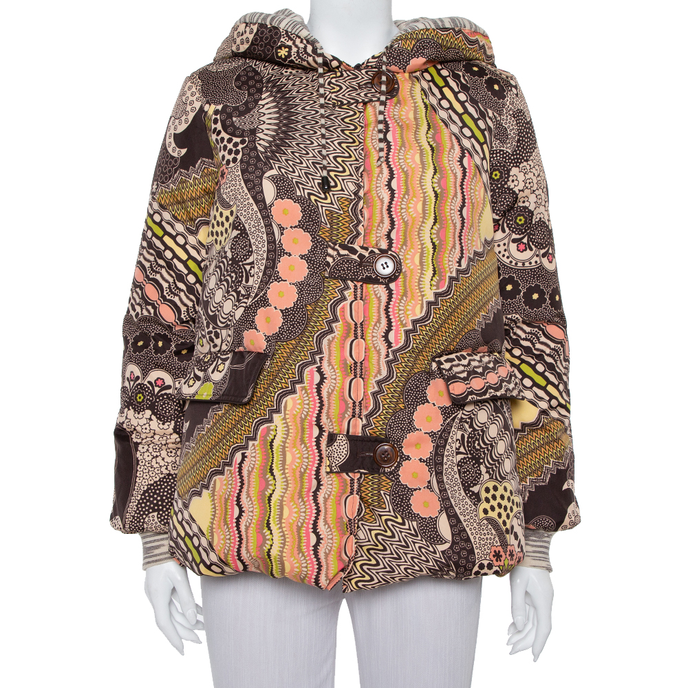 Pre-owned Missoni Brown Abstract Printed Synthetic Hooded Puffer Jacket S