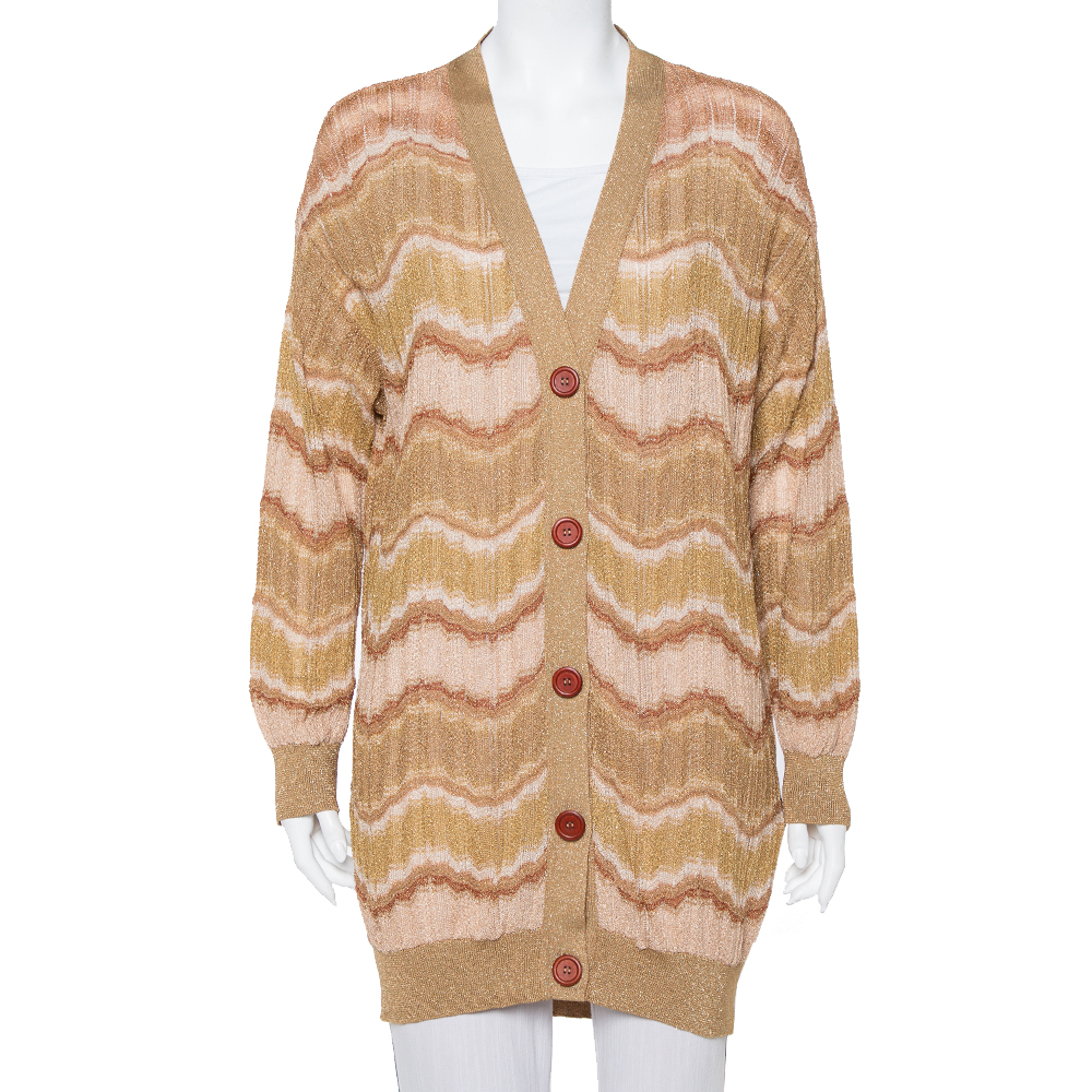 Pre-owned Missoni M  Gold Lurex Knit Wave Pattern Button Front Cardigan L