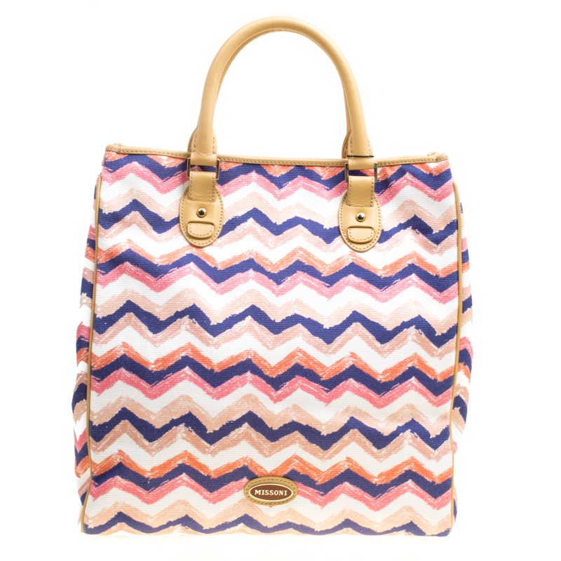 Pre Owned Missoni Multicolor/Beige Printed Canvas and Leather Tote
