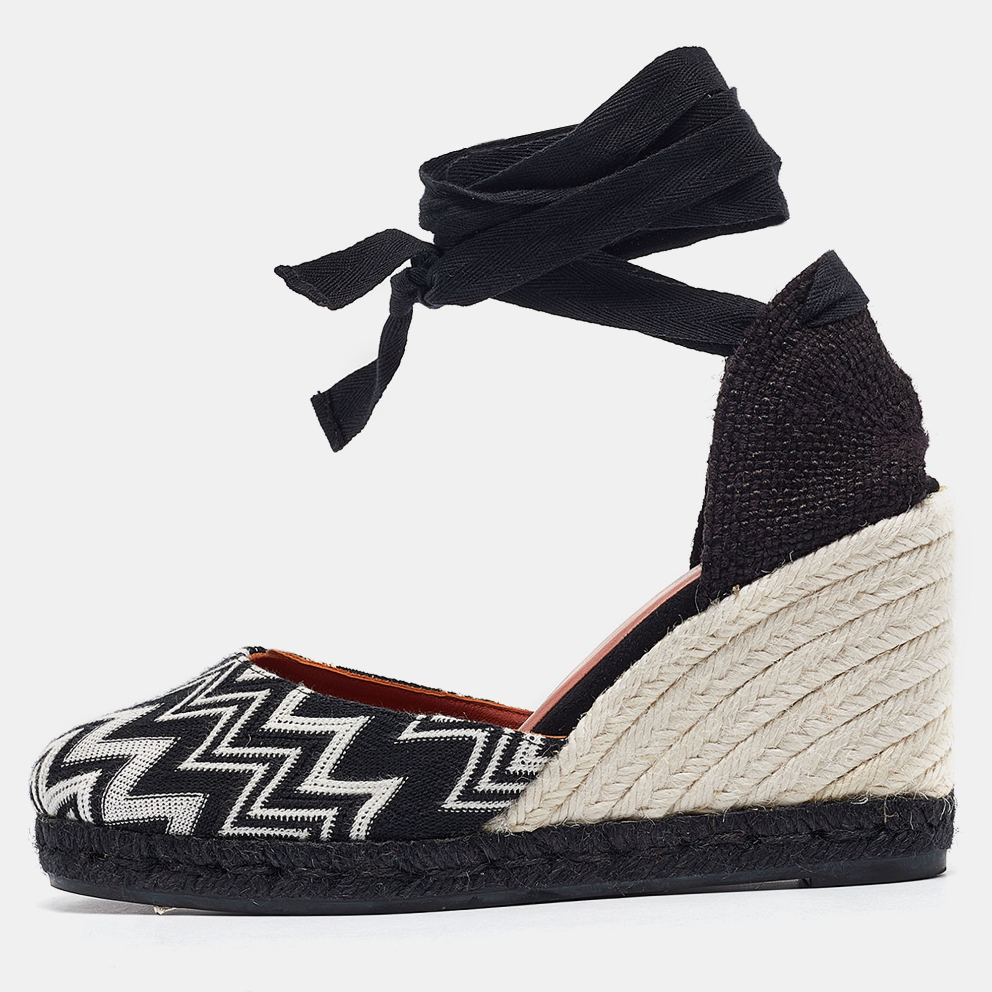 Pre-owned Missoni Black/white Fabric And Raffia Wedge Sandals Size 37