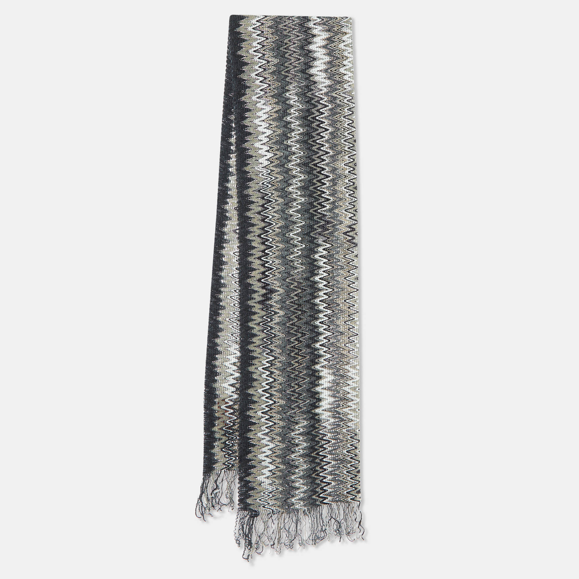

Missoni Grey Zig Zag Pattern Wool Knit Fringed Stole