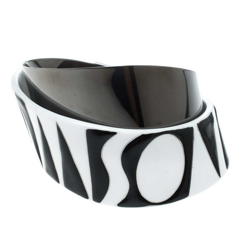 Pre Owned Missoni Monochrome Logo Resin Gunmetal Tone Cuff Bracelet