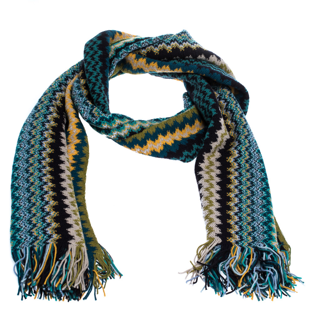 

Missoni Multicolor Zig Zag Knit Fringed Wool Blend Scarf