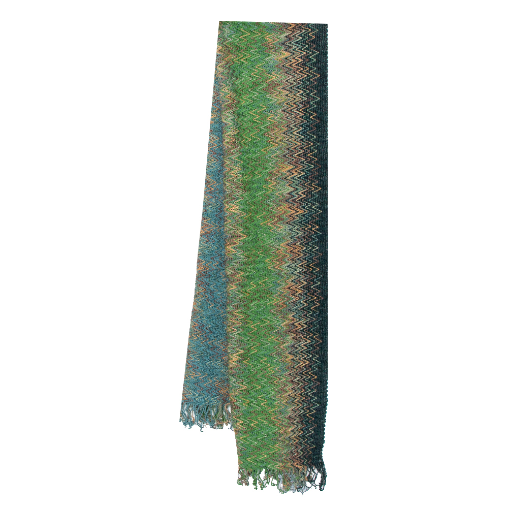 Click to view more detailed imagery on our partner's website Pre-owned Missoni Sciarpe Blue Chevron Patterned Fringed Wool Stole In Green