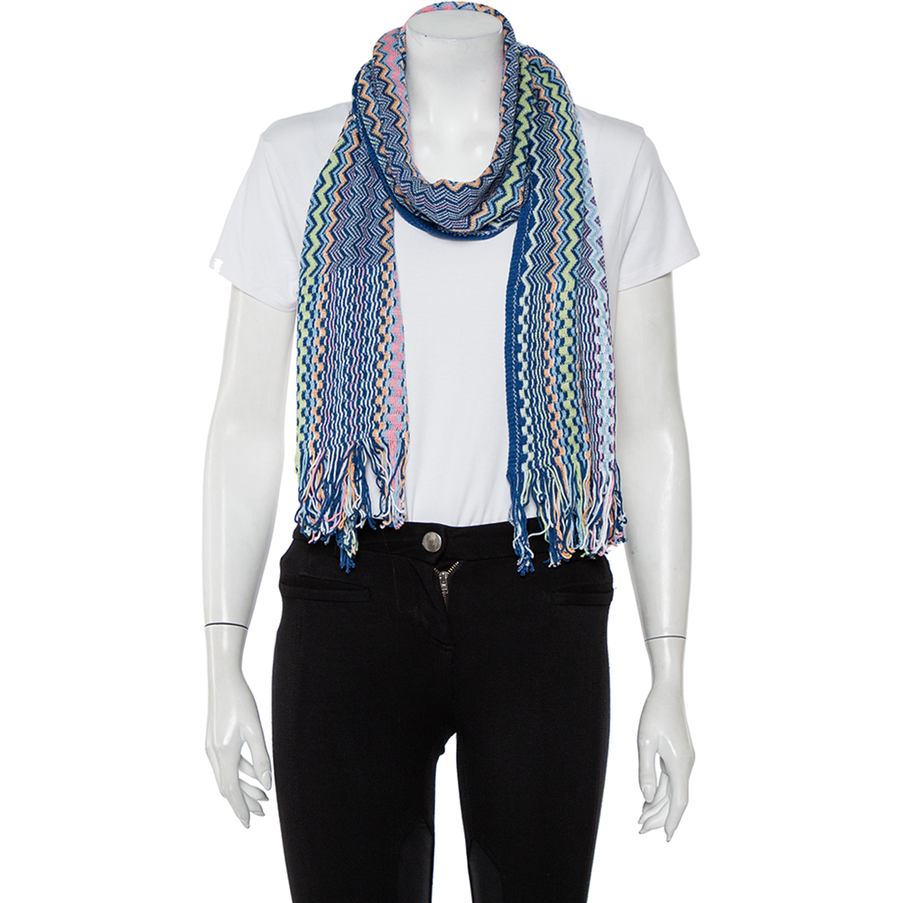 

Missoni Blue Zig Zag Cotton Knit Fringed Scarf