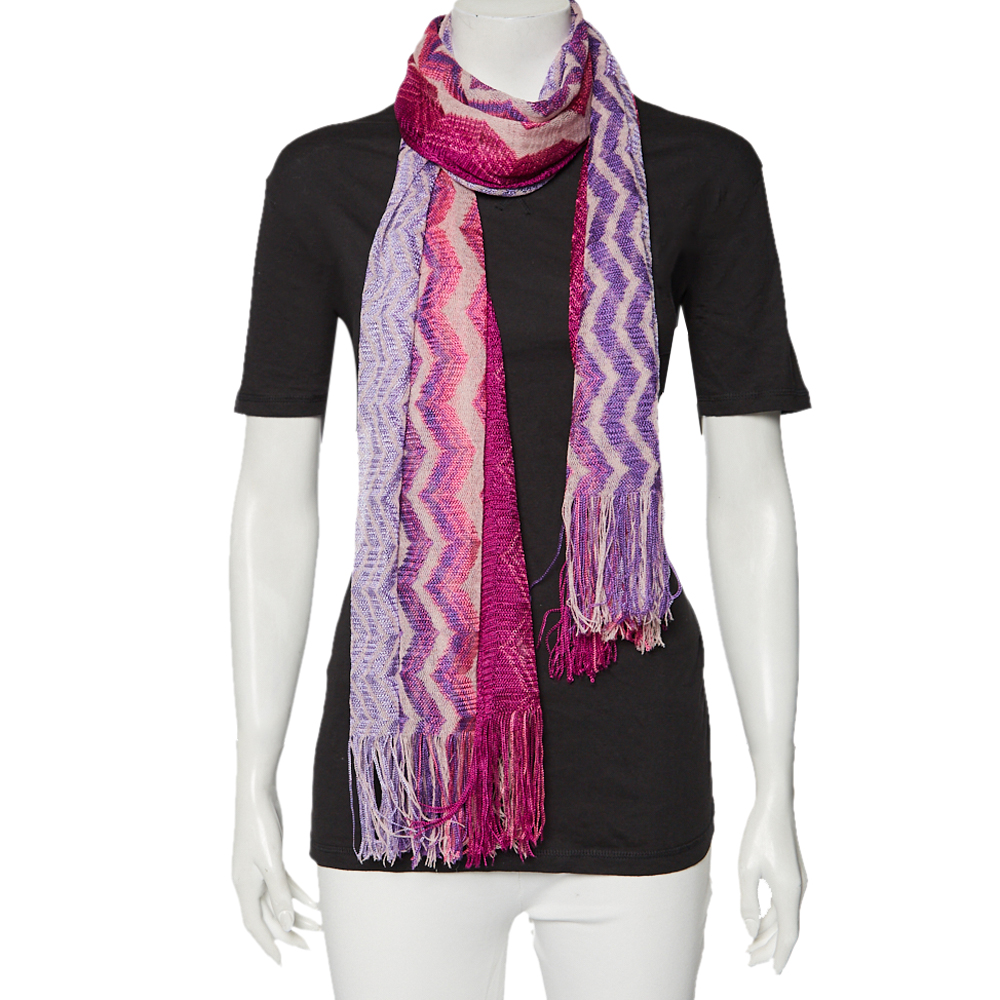 

Missoni Purple Chevron Striped Knit Fringed Scarf