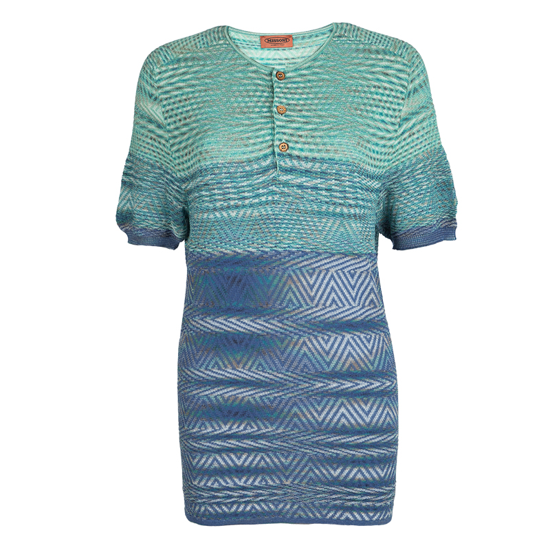 Pre Owned Missoni Blue Patterned Cotton Knit Short Sleeve Top L