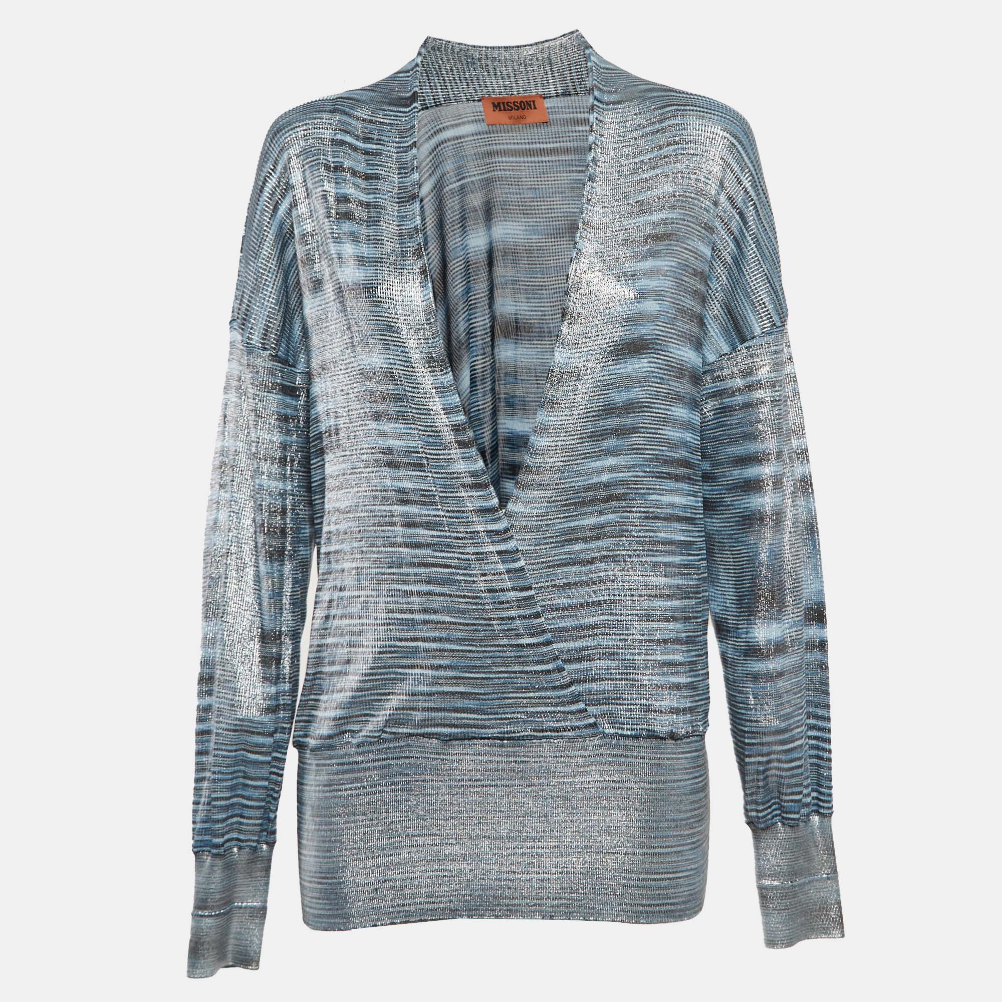 

Missoni Metallic/Blue Lurex Knit Drape Neck Top L